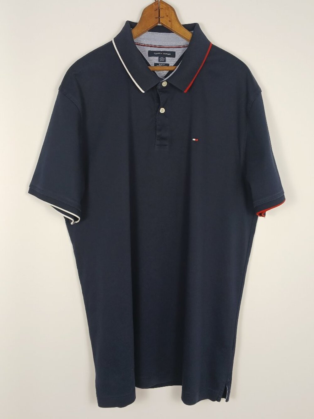 Tommy Hilfiger Men Navy Polo Size XXL Slim Fit Double Color Collar Preppy